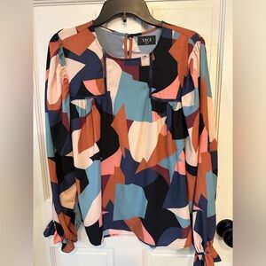 Vici Shirt Button Front Long Sleeve Geometric Print Ruffle Cuff Med Rust & Blues